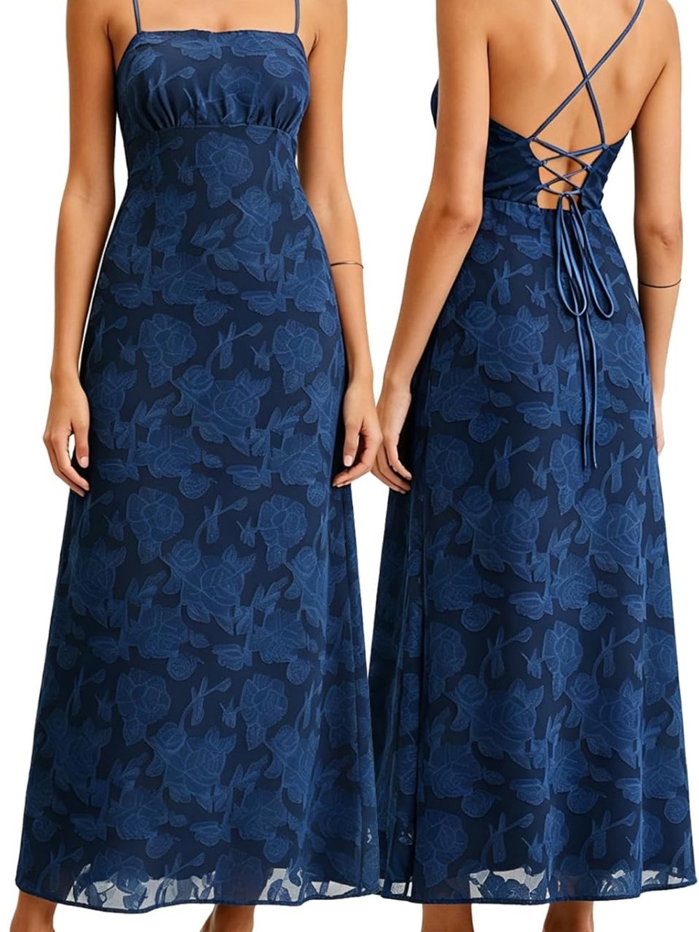 NWT RIHOAS Navy Blue Floral Backless Lace-Up Maxi Dress